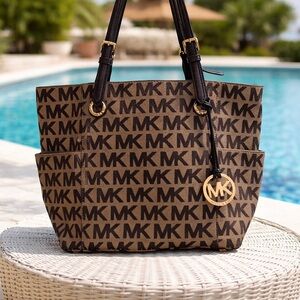 Michael Kors MK Signature Tote Bag Brown Logo Canvas Gold Charm Shoulder Bag